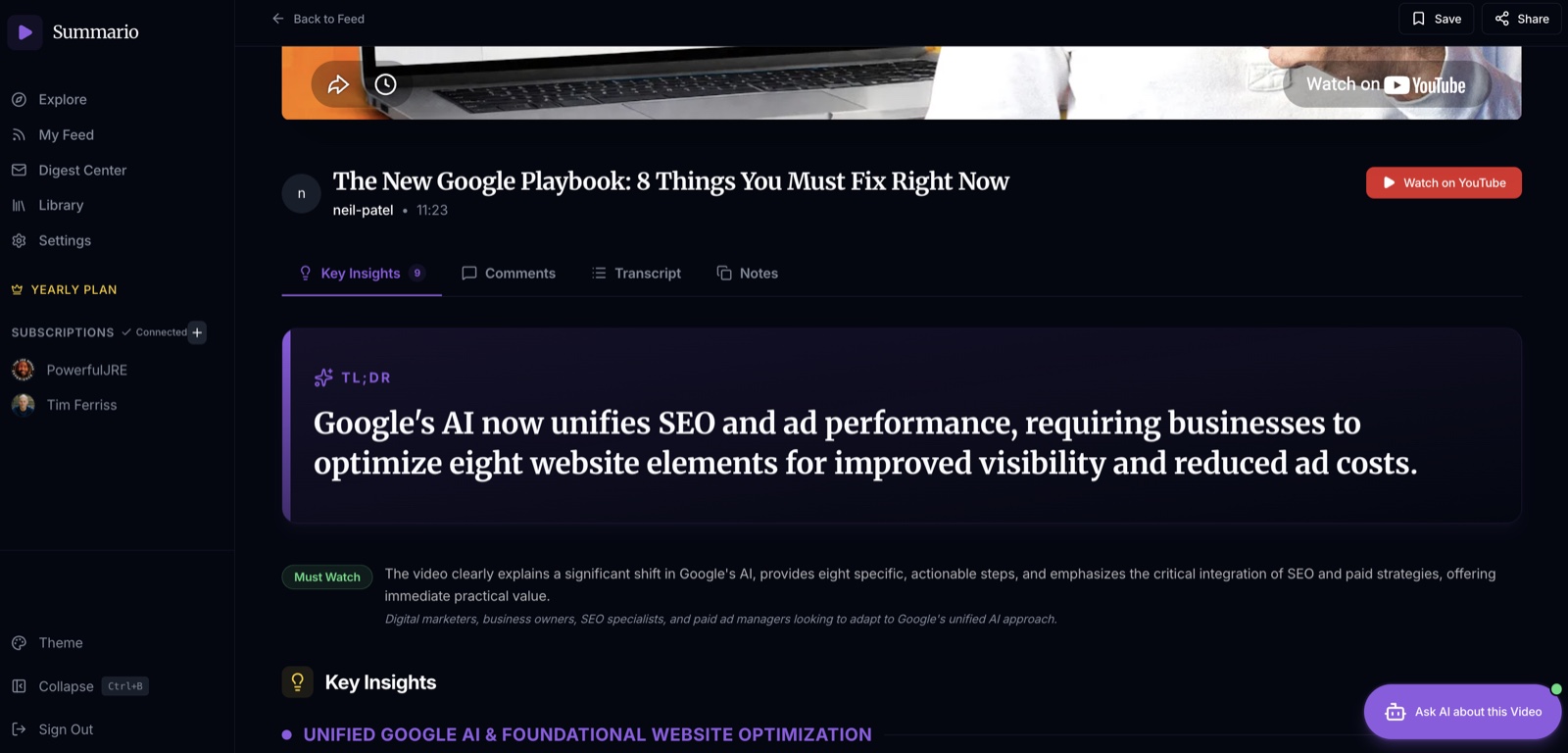 Summario web app dashboard with sidebar navigation, library, and video page